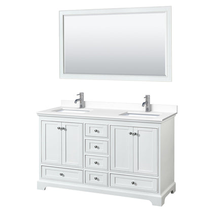 Wyndham Collection Deborah 60" Double Bathroom Vanity in White, White Cultured Marble Countertop, Undermount Square Sinks, 58" Mirror