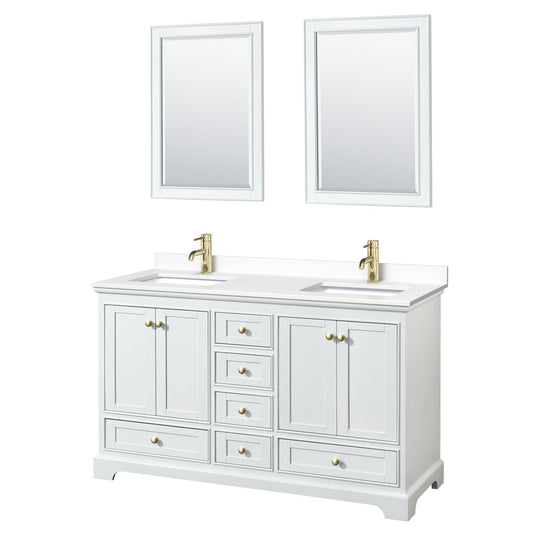 Wyndham Collection Deborah 60" Double Bathroom Vanity in White, White Cultured Marble Countertop, Undermount Square Sinks, Brushed Gold Trim, 24" Mirror