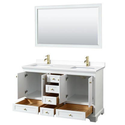 Wyndham Collection Deborah 60" Double Bathroom Vanity in White, White Cultured Marble Countertop, Undermount Square Sinks, Brushed Gold Trim, 58" Mirror