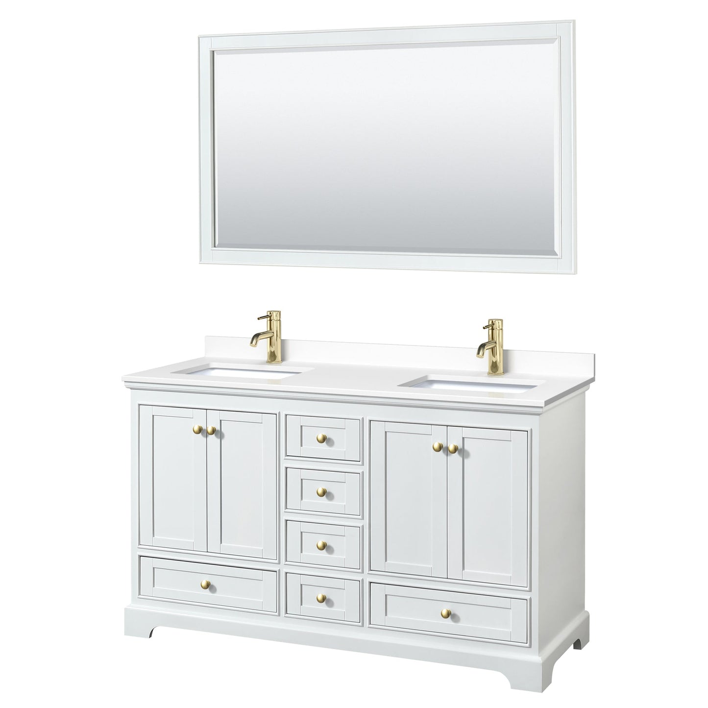Wyndham Collection Deborah 60" Double Bathroom Vanity in White, White Cultured Marble Countertop, Undermount Square Sinks, Brushed Gold Trim, 58" Mirror