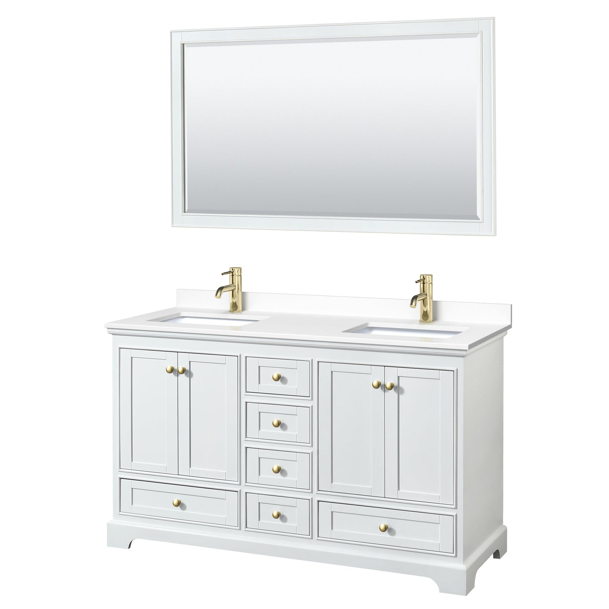 Wyndham Collection Deborah 60" Double Bathroom Vanity in White, White Cultured Marble Countertop, Undermount Square Sinks, Brushed Gold Trim, 58" Mirror