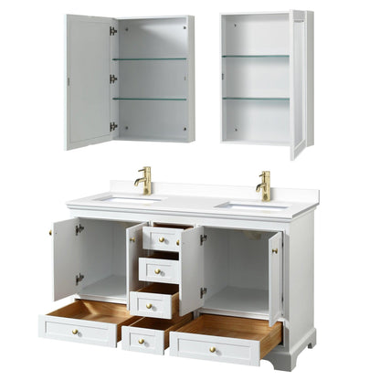 Wyndham Collection Deborah 60" Double Bathroom Vanity in White, White Cultured Marble Countertop, Undermount Square Sinks, Brushed Gold Trim, Medicine Cabinet