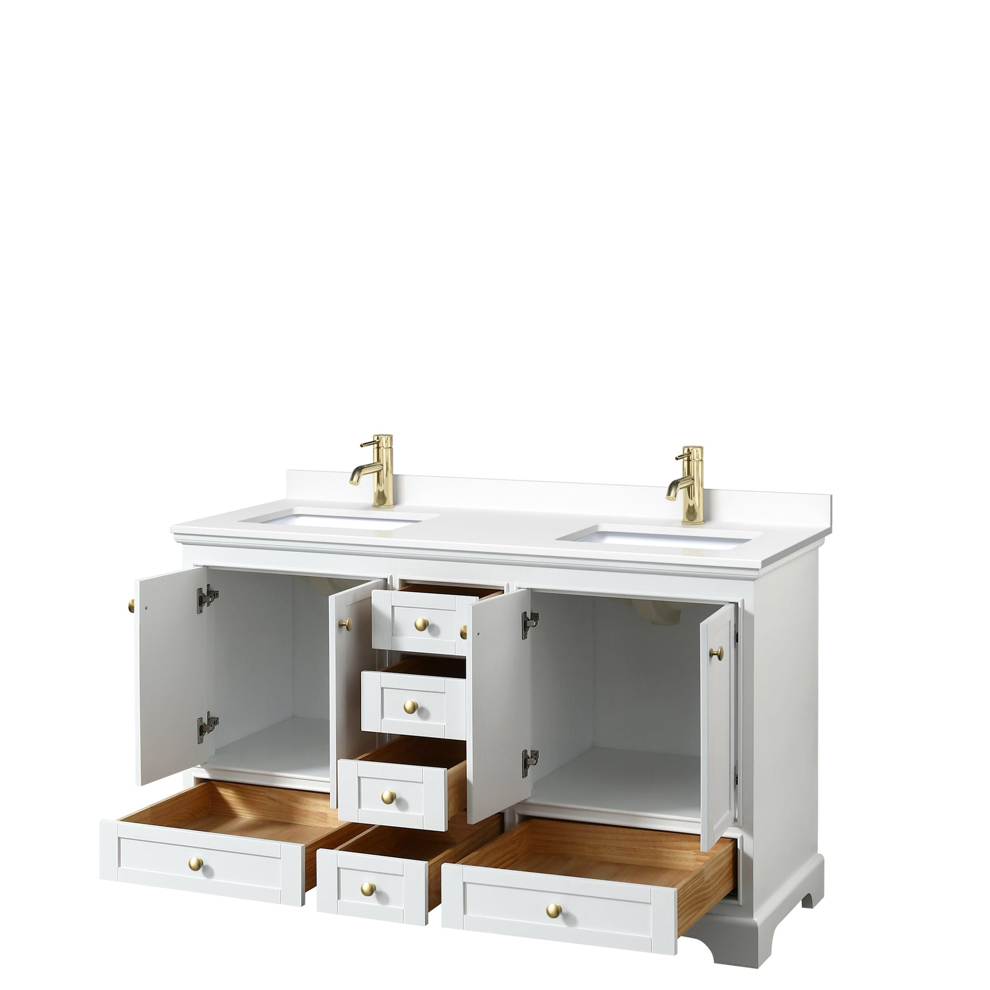 Wyndham Collection Deborah 60" Double Bathroom Vanity in White, White Cultured Marble Countertop, Undermount Square Sinks, Brushed Gold Trim, No Mirror