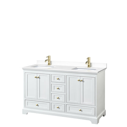 Wyndham Collection Deborah 60" Double Bathroom Vanity in White, White Cultured Marble Countertop, Undermount Square Sinks, Brushed Gold Trim, No Mirror