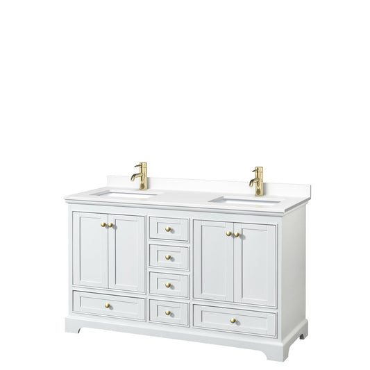 Wyndham Collection Deborah 60" Double Bathroom Vanity in White, White Cultured Marble Countertop, Undermount Square Sinks, Brushed Gold Trim, No Mirror