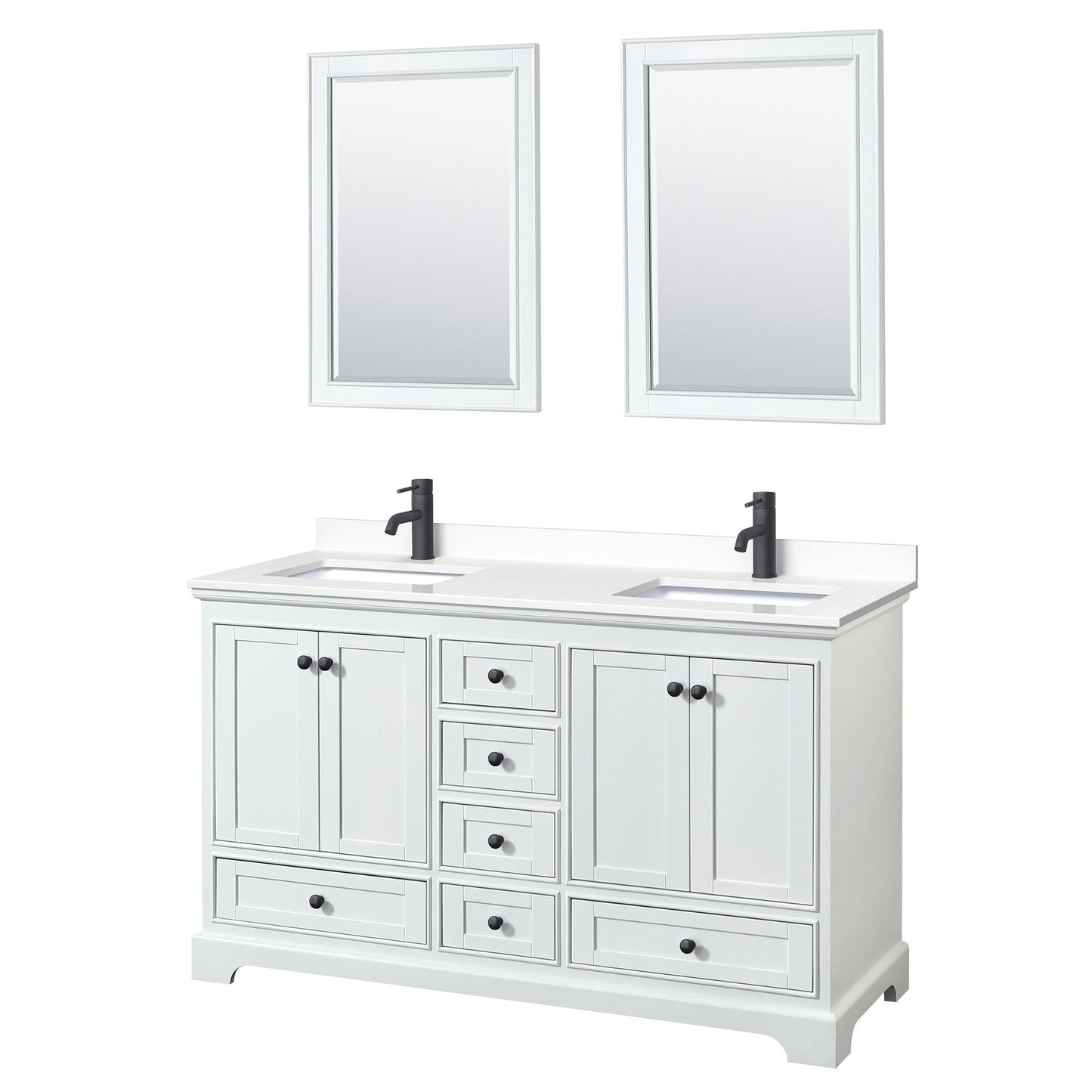 Wyndham Collection Deborah 60" Double Bathroom Vanity in White, White Cultured Marble Countertop, Undermount Square Sinks, Matte Black Trim, 24" Mirrors