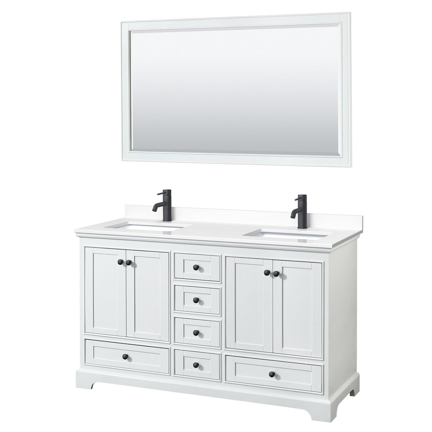 Wyndham Collection Deborah 60" Double Bathroom Vanity in White, White Cultured Marble Countertop, Undermount Square Sinks, Matte Black Trim, 58" Mirror