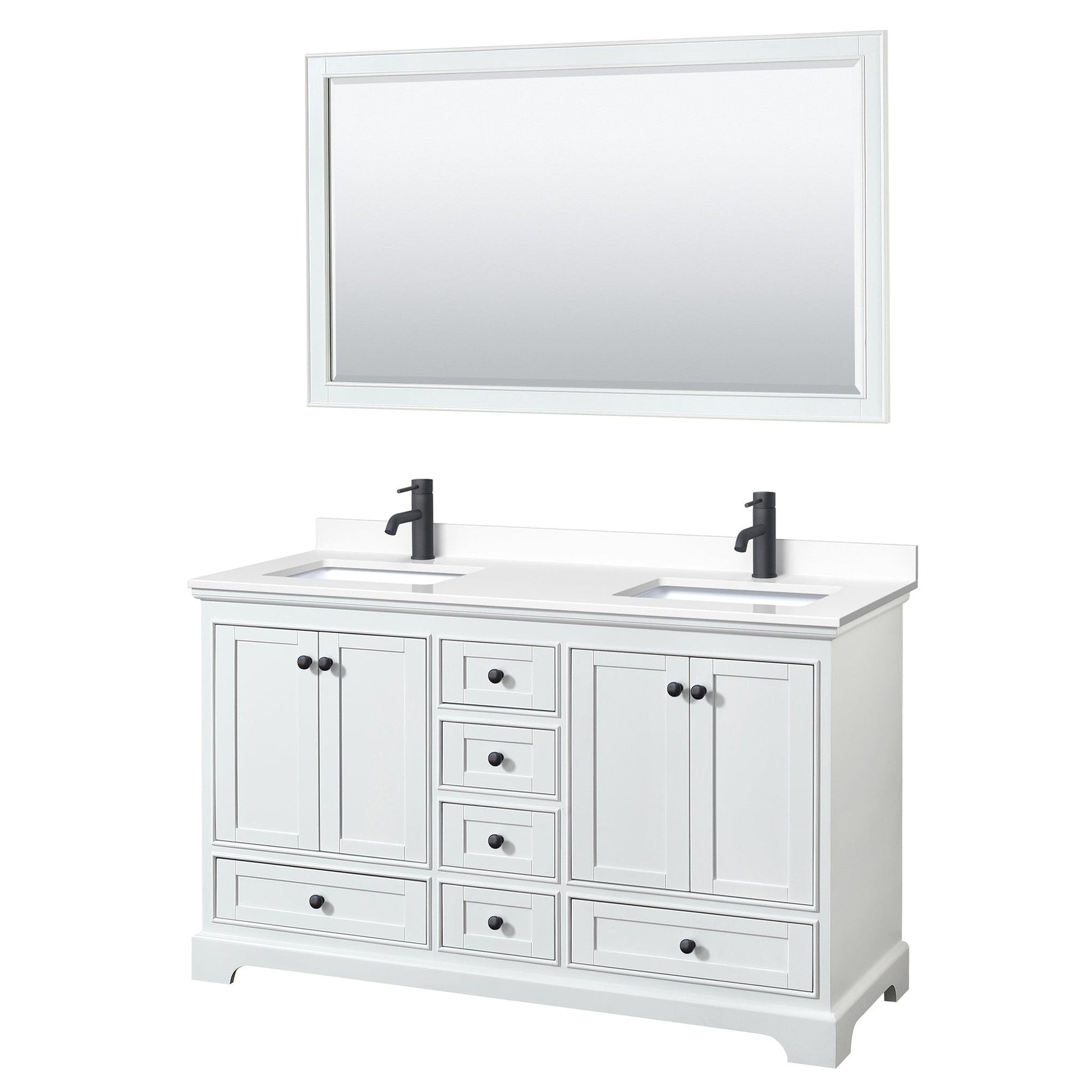 Wyndham Collection Deborah 60" Double Bathroom Vanity in White, White Cultured Marble Countertop, Undermount Square Sinks, Matte Black Trim, 58" Mirror