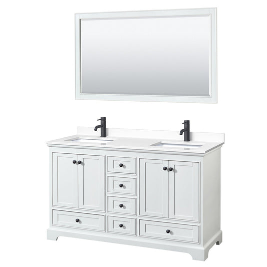Wyndham Collection Deborah 60" Double Bathroom Vanity in White, White Cultured Marble Countertop, Undermount Square Sinks, Matte Black Trim, 58" Mirror