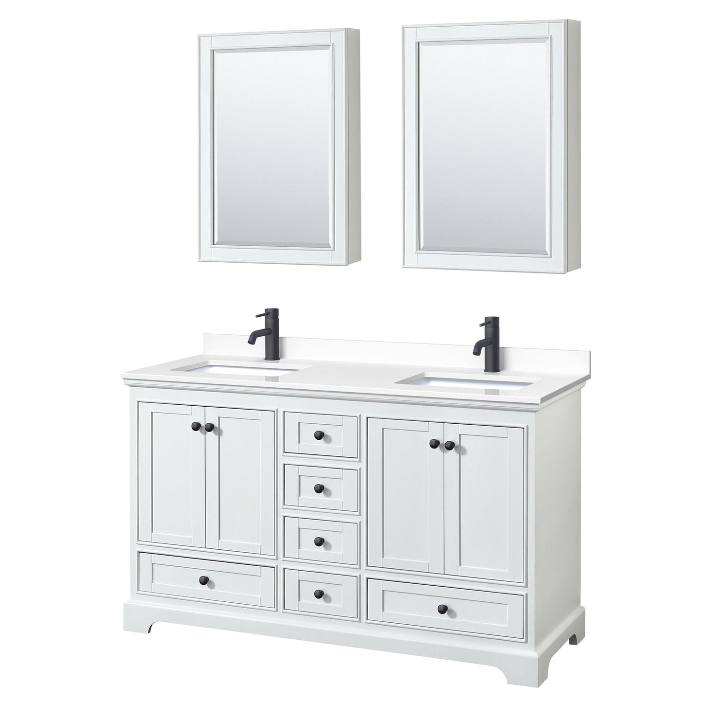 Wyndham Collection Deborah 60" Double Bathroom Vanity in White, White Cultured Marble Countertop, Undermount Square Sinks, Matte Black Trim, Medicine Cabinets