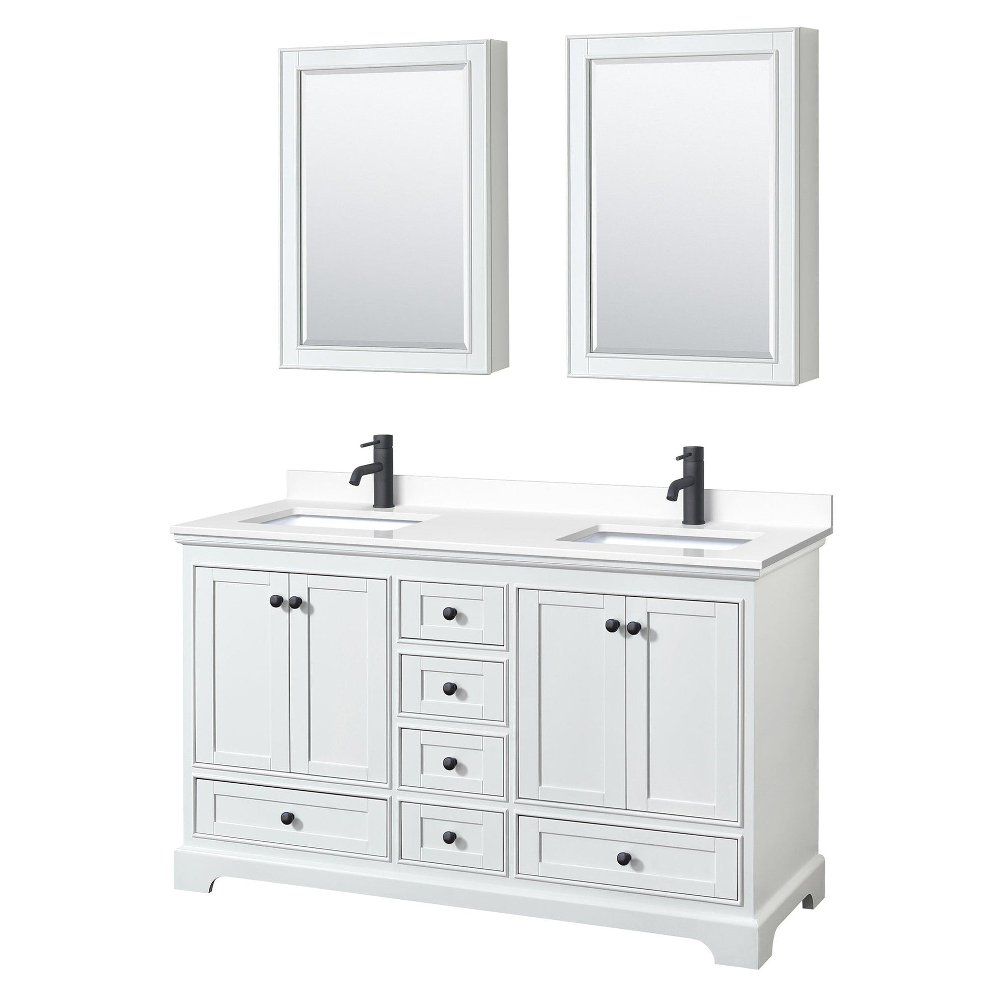 Wyndham Collection Deborah 60" Double Bathroom Vanity in White, White Cultured Marble Countertop, Undermount Square Sinks, Matte Black Trim, Medicine Cabinets