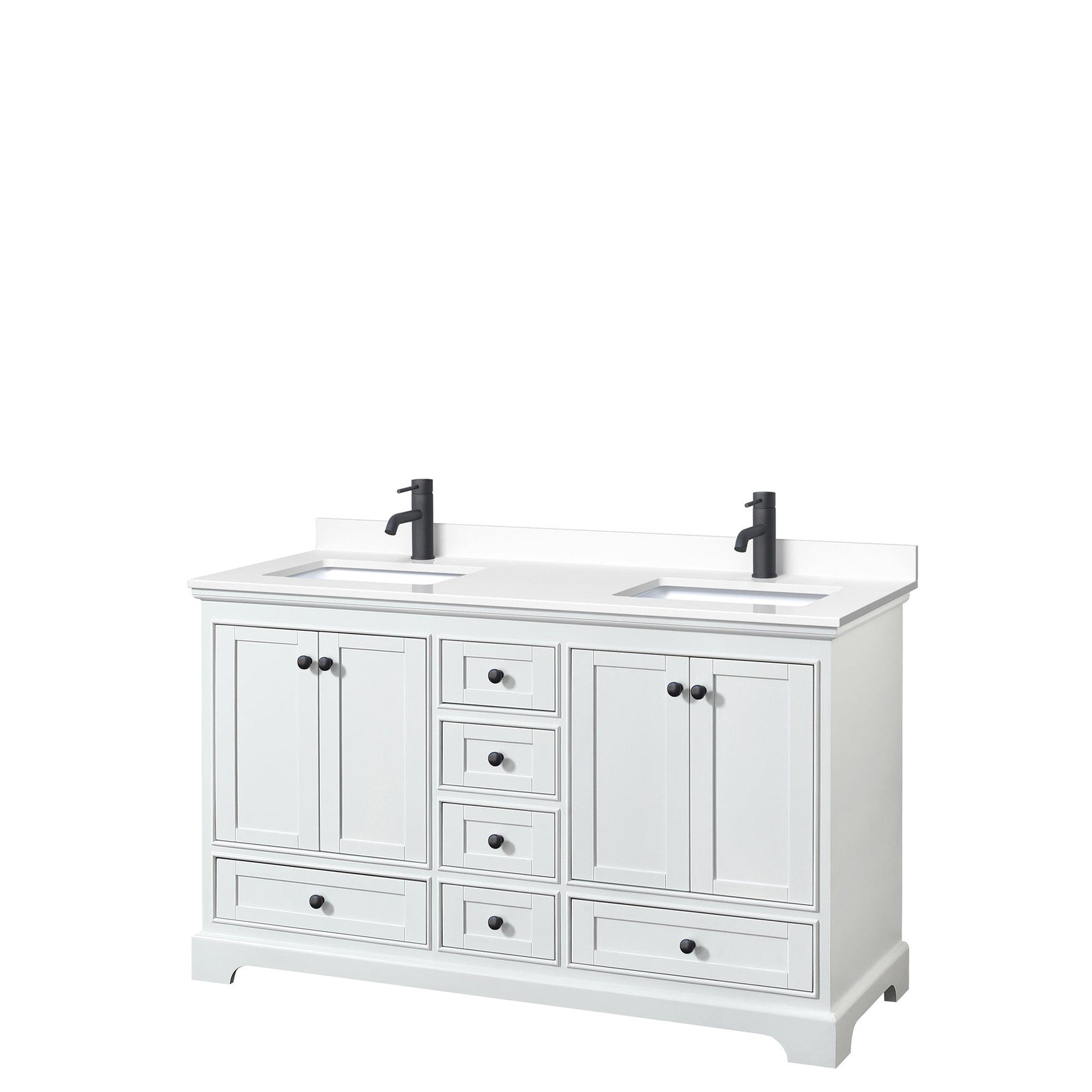 Wyndham Collection Deborah 60" Double Bathroom Vanity in White, White Cultured Marble Countertop, Undermount Square Sinks, Matte Black Trim