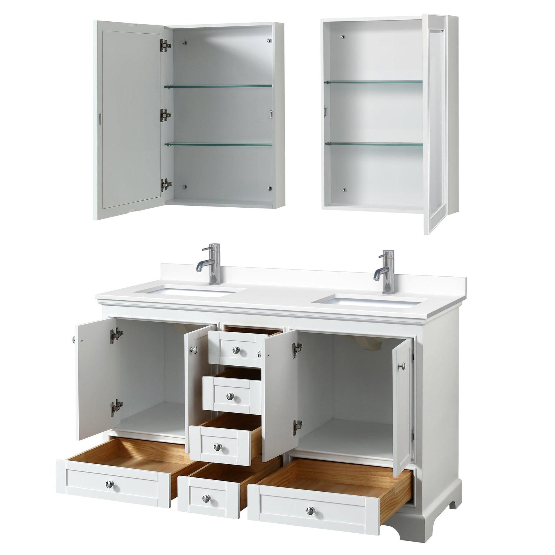Wyndham Collection Deborah 60" Double Bathroom Vanity in White, White Cultured Marble Countertop, Undermount Square Sinks, Medicine Cabinet