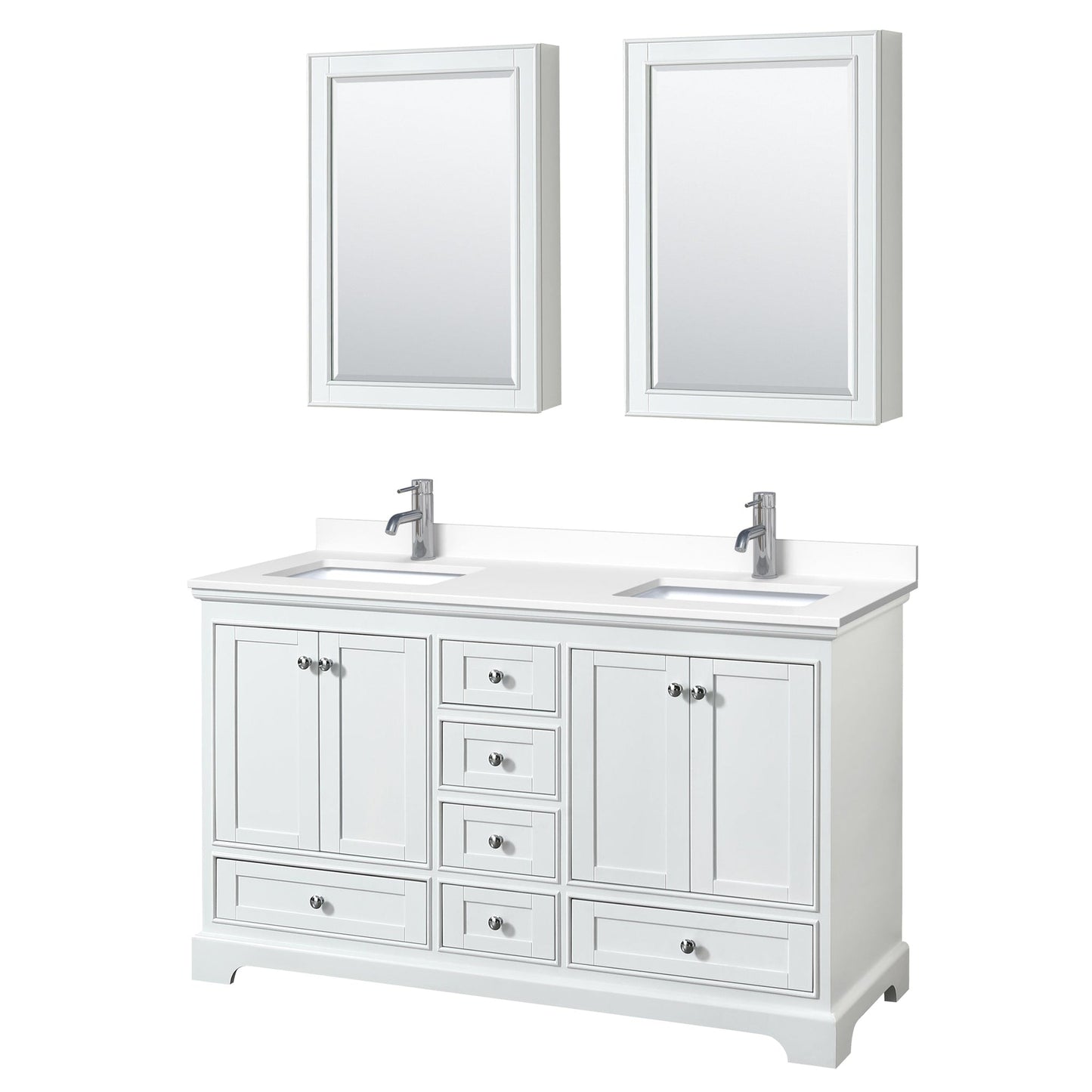 Wyndham Collection Deborah 60" Double Bathroom Vanity in White, White Cultured Marble Countertop, Undermount Square Sinks, Medicine Cabinet