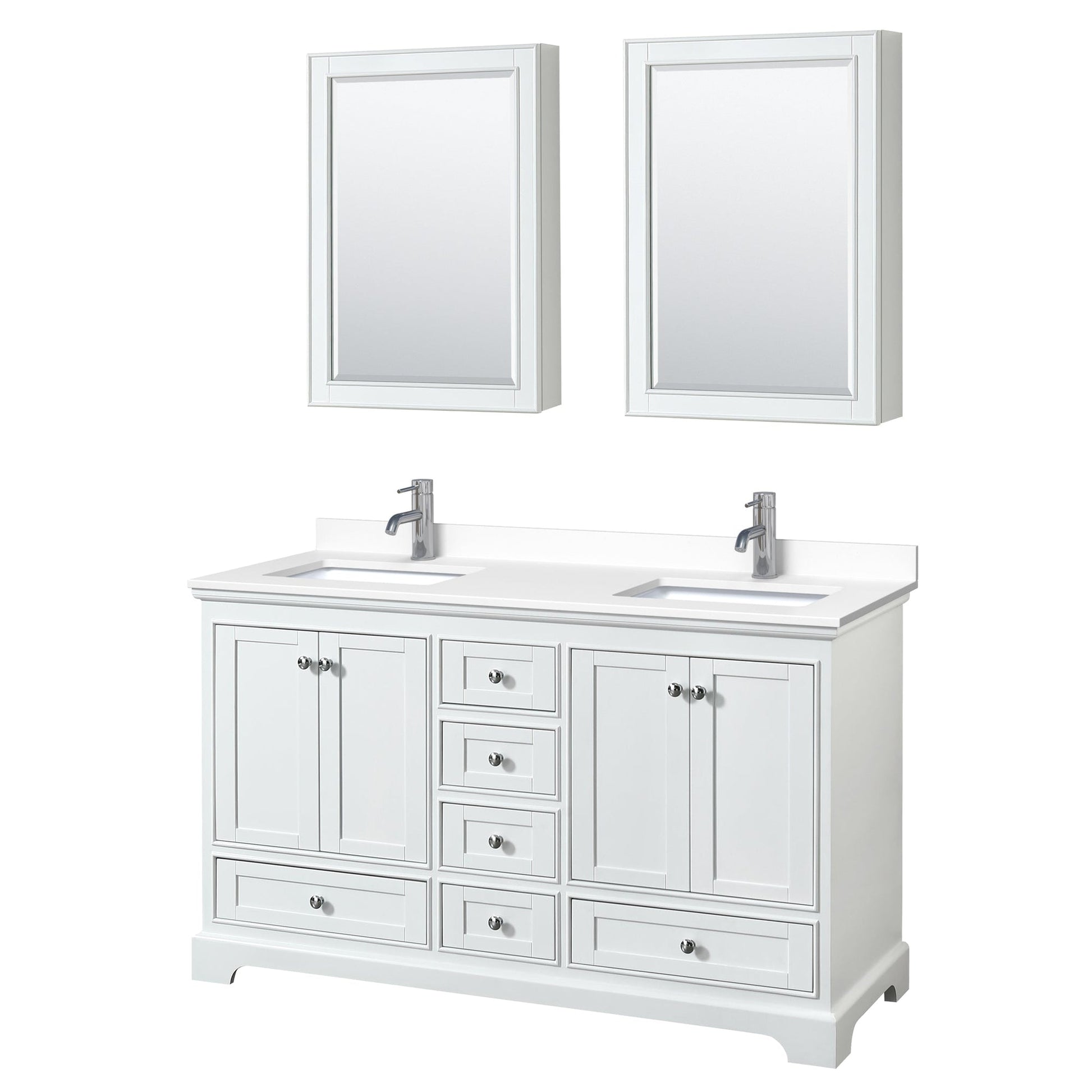 Wyndham Collection Deborah 60" Double Bathroom Vanity in White, White Cultured Marble Countertop, Undermount Square Sinks, Medicine Cabinet