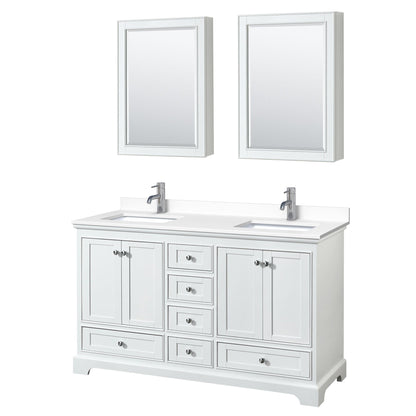 Wyndham Collection Deborah 60" Double Bathroom Vanity in White, White Cultured Marble Countertop, Undermount Square Sinks, Medicine Cabinet