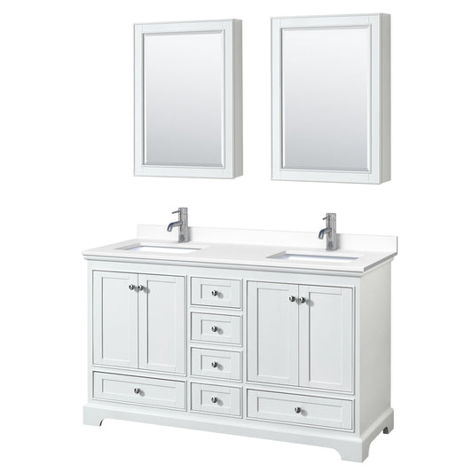 Wyndham Collection Deborah 60" Double Bathroom Vanity in White, White Cultured Marble Countertop, Undermount Square Sinks, Medicine Cabinet