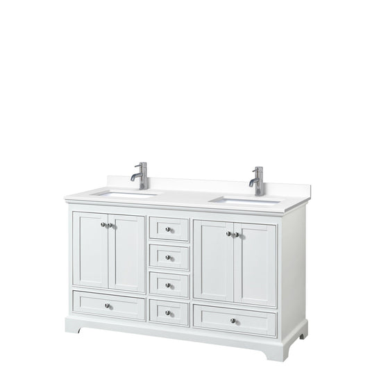 Wyndham Collection Deborah 60" Double Bathroom Vanity in White, White Cultured Marble Countertop, Undermount Square Sinks, No Mirror