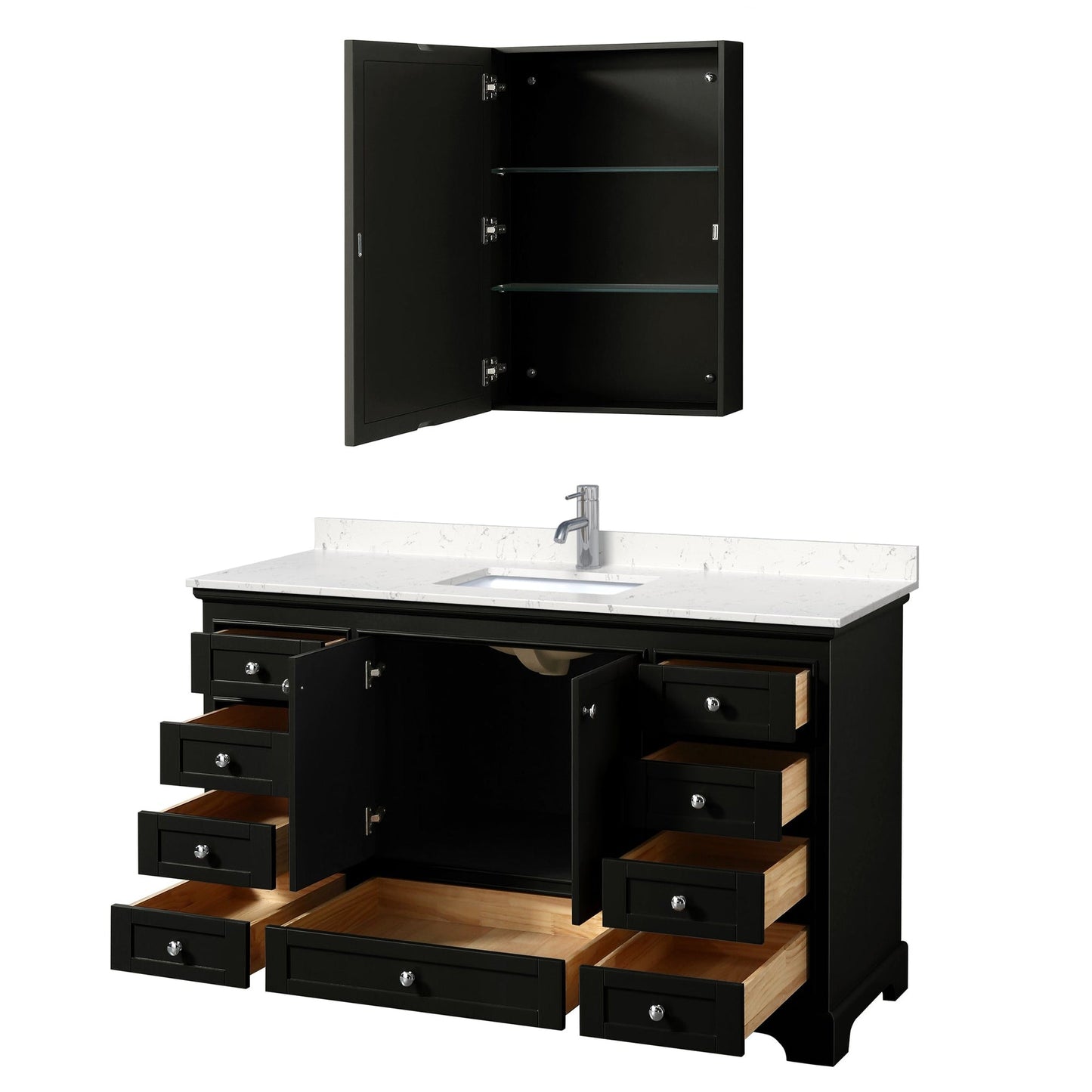 Wyndham Collection Deborah 60" Single Bathroom Vanity in Dark Espresso, Light-Vein Carrara Cultured Marble Countertop, Undermount Square Sink, Medicine Cabinet