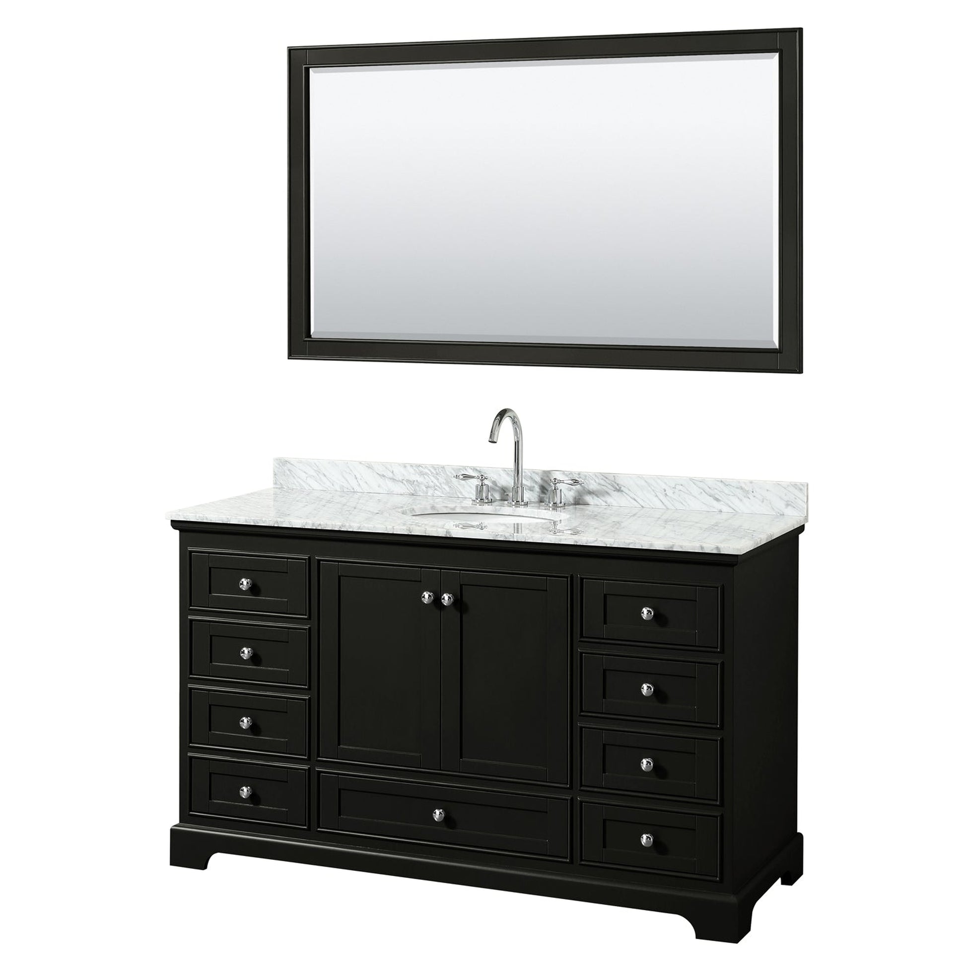 Wyndham Collection Deborah 60" Single Bathroom Vanity in Dark Espresso, White Carrara Marble Countertop, Undermount Oval Sink, and 58" Mirror