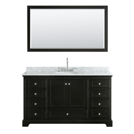 Wyndham Collection Deborah 60" Single Bathroom Vanity in Dark Espresso, White Carrara Marble Countertop, Undermount Oval Sink, and 58" Mirror