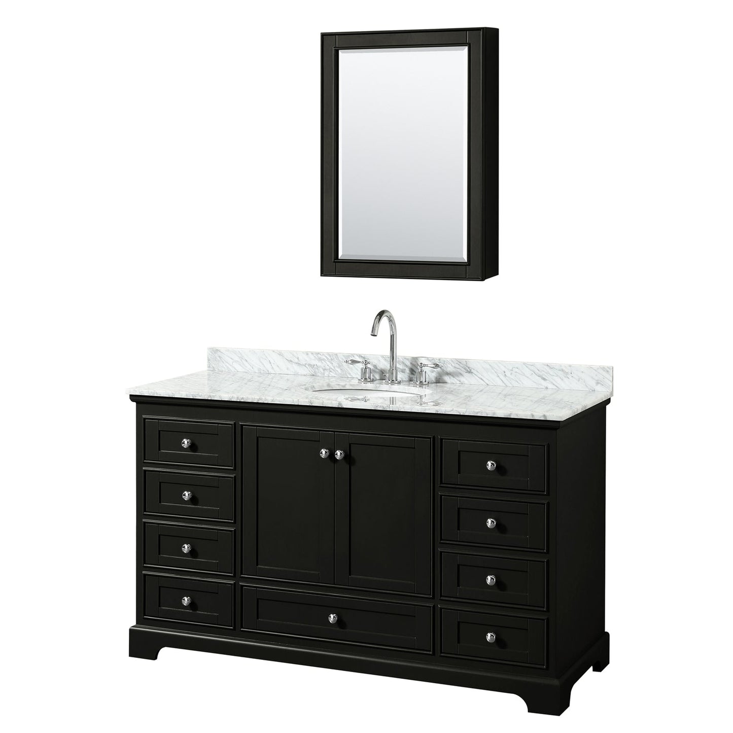 Wyndham Collection Deborah 60" Single Bathroom Vanity in Dark Espresso, White Carrara Marble Countertop, Undermount Oval Sink, and Medicine Cabinet