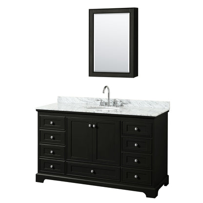 Wyndham Collection Deborah 60" Single Bathroom Vanity in Dark Espresso, White Carrara Marble Countertop, Undermount Oval Sink, and Medicine Cabinet