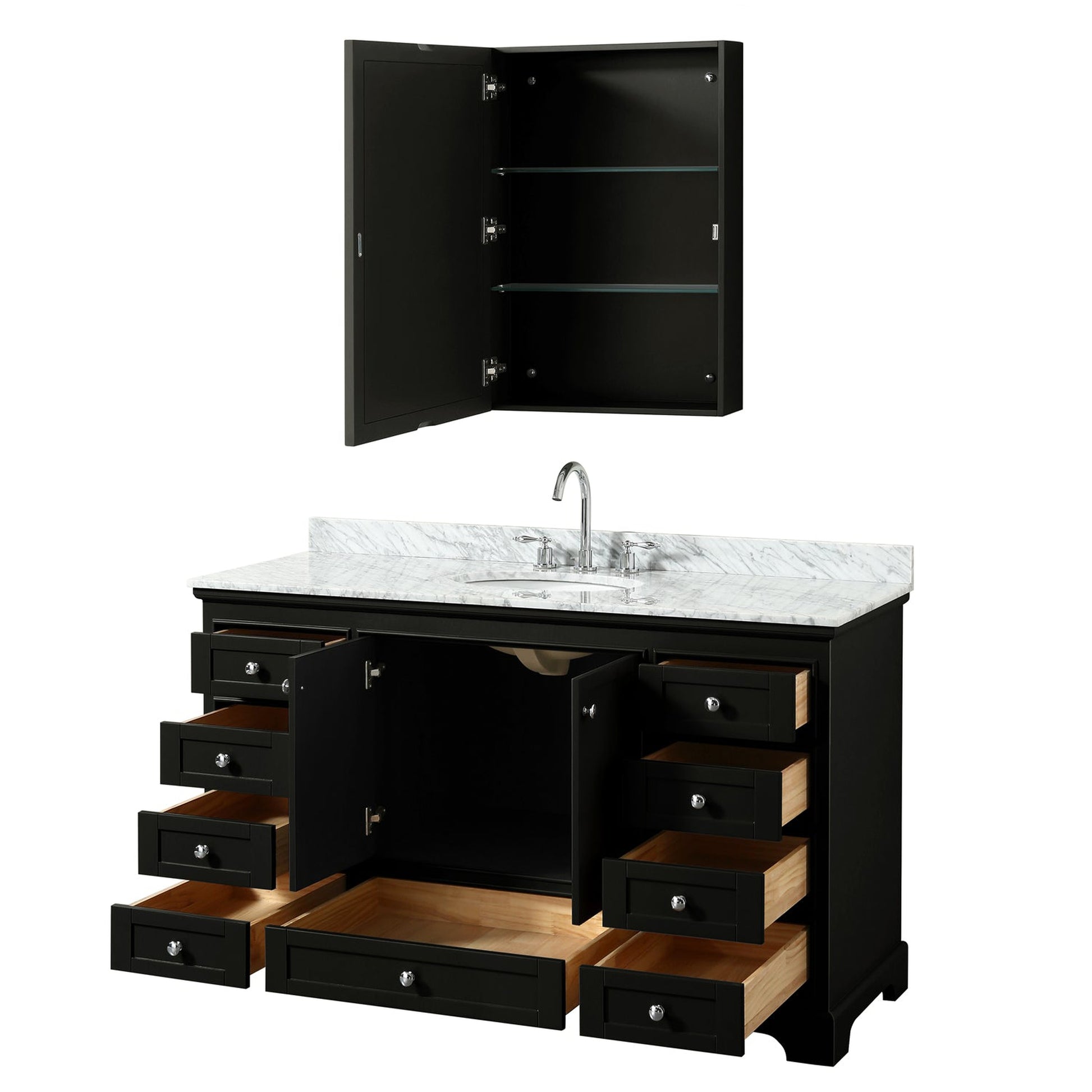 Wyndham Collection Deborah 60" Single Bathroom Vanity in Dark Espresso, White Carrara Marble Countertop, Undermount Oval Sink, and Medicine Cabinet