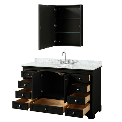 Wyndham Collection Deborah 60" Single Bathroom Vanity in Dark Espresso, White Carrara Marble Countertop, Undermount Oval Sink, and Medicine Cabinet