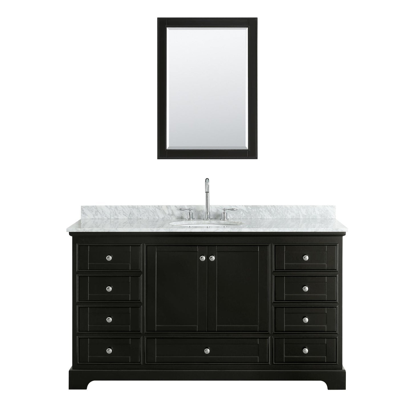 Wyndham Collection Deborah 60" Single Bathroom Vanity in Dark Espresso, White Carrara Marble Countertop, Undermount Oval Sink, and Medicine Cabinet