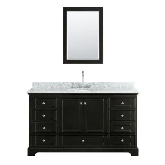 Wyndham Collection Deborah 60" Single Bathroom Vanity in Dark Espresso, White Carrara Marble Countertop, Undermount Oval Sink, and Medicine Cabinet