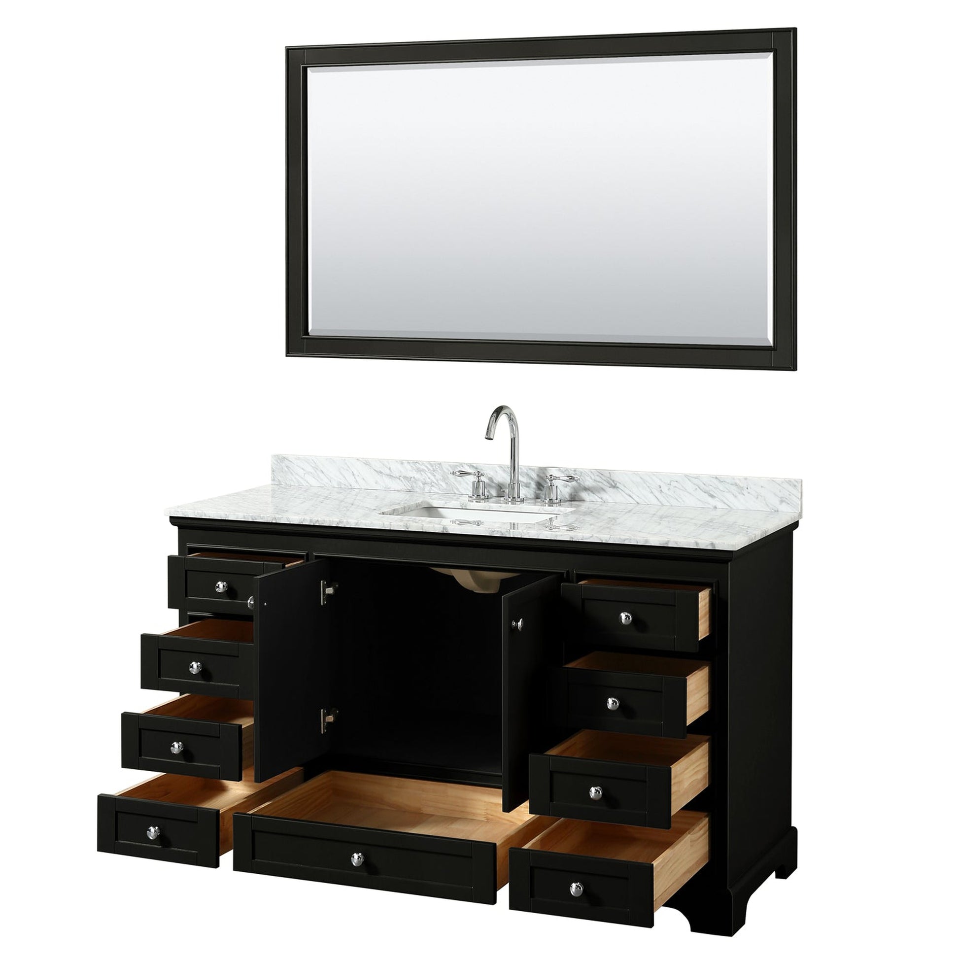 Wyndham Collection Deborah 60" Single Bathroom Vanity in Dark Espresso, White Carrara Marble Countertop, Undermount Square Sink, and 58" Mirror