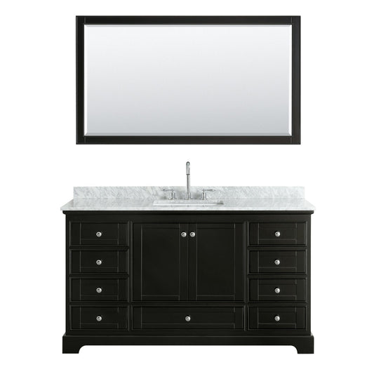 Wyndham Collection Deborah 60" Single Bathroom Vanity in Dark Espresso, White Carrara Marble Countertop, Undermount Square Sink, and 58" Mirror