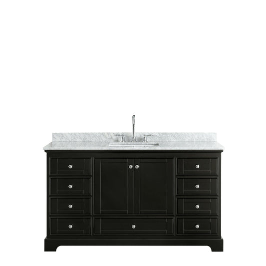 Wyndham Collection Deborah 60" Single Bathroom Vanity in Dark Espresso, White Carrara Marble Countertop, Undermount Square Sink, and No Mirror