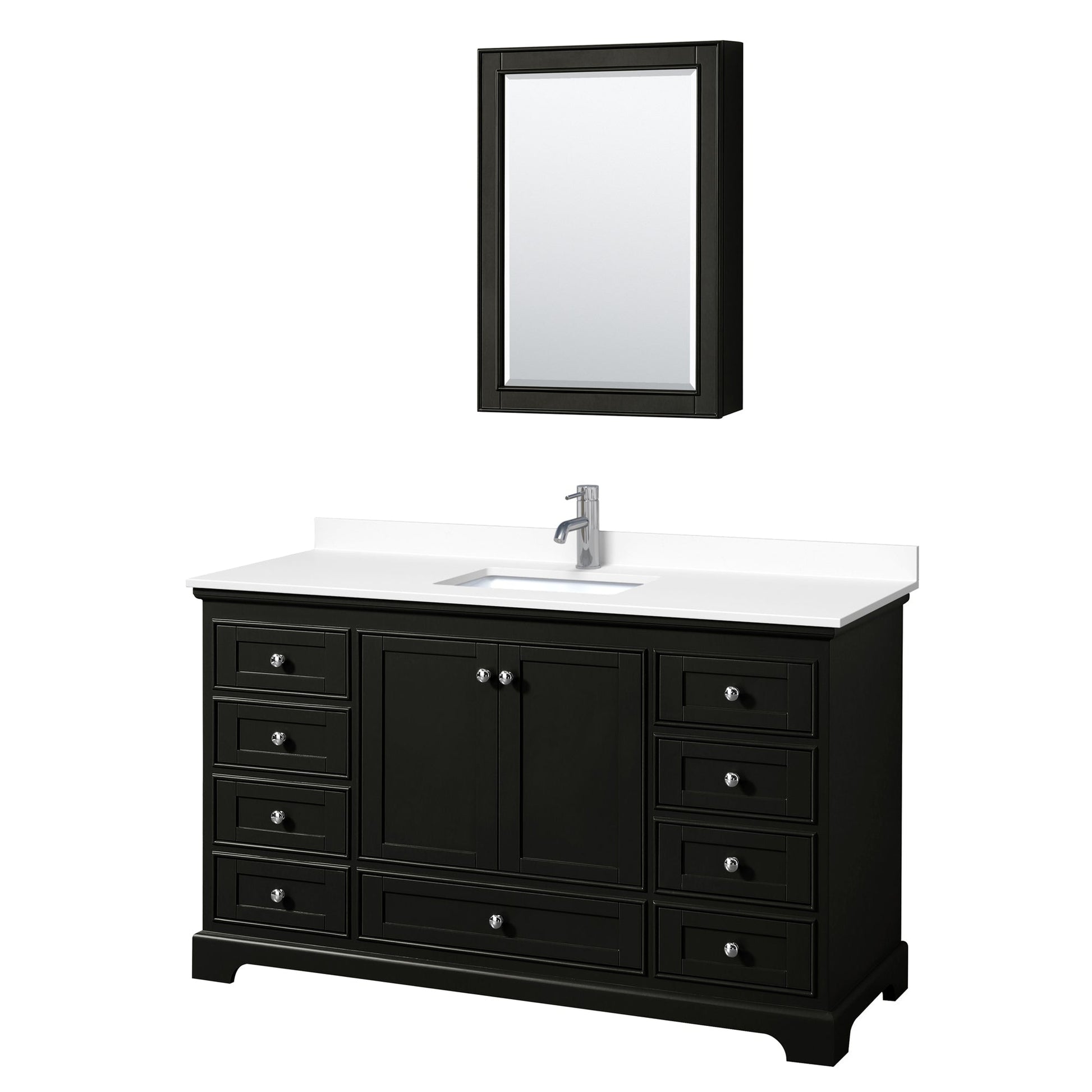 Wyndham Collection Deborah 60" Single Bathroom Vanity in Dark Espresso, White Cultured Marble Countertop, Undermount Square Sink, Medicine Cabinet