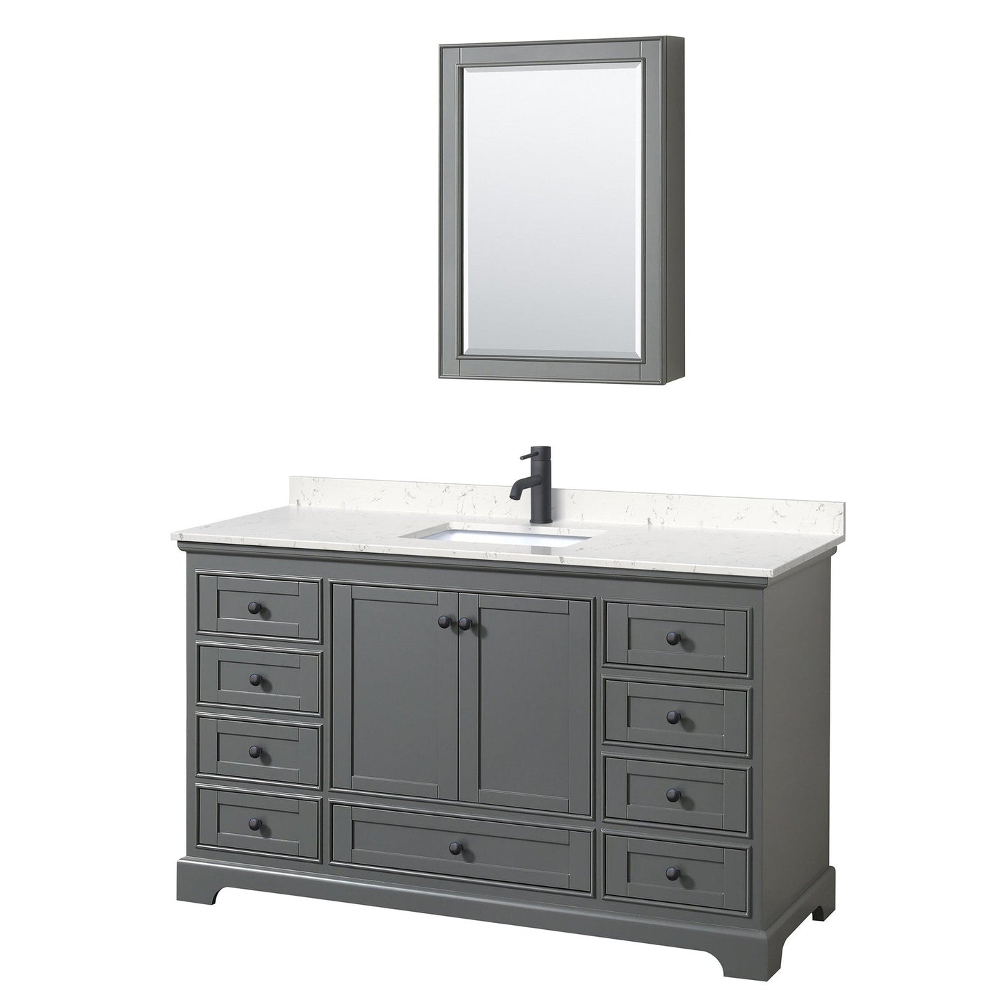 Wyndham Collection Deborah 60" Single Bathroom Vanity in Dark Gray, Carrara Cultured Marble Countertop, Undermount Square Sink, Matte Black Trim, Medicine Cabinet