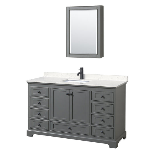 Wyndham Collection Deborah 60" Single Bathroom Vanity in Dark Gray, Carrara Cultured Marble Countertop, Undermount Square Sink, Matte Black Trim, Medicine Cabinet