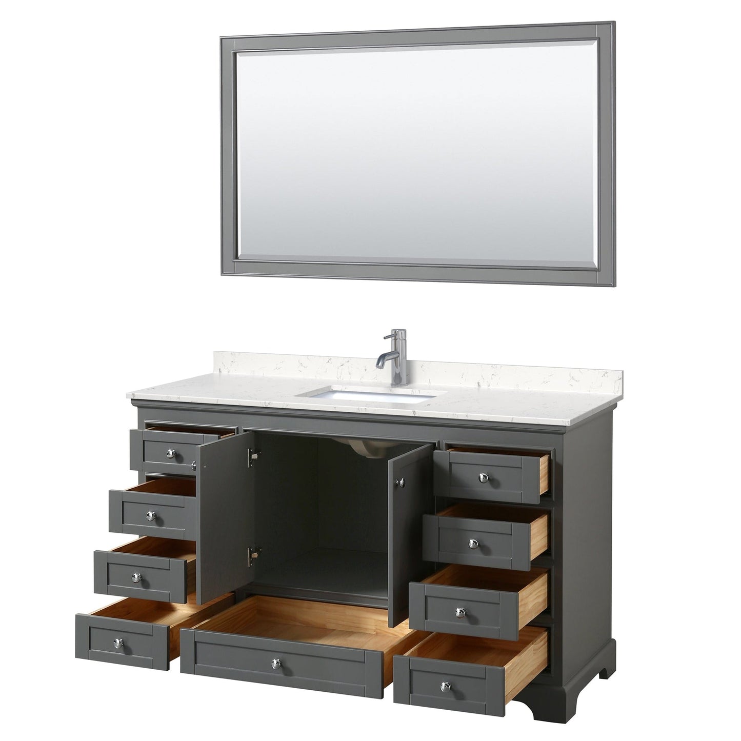 Wyndham Collection Deborah 60" Single Bathroom Vanity in Dark Gray, Light-Vein Carrara Cultured Marble Countertop, Undermount Square Sink, 58" Mirror
