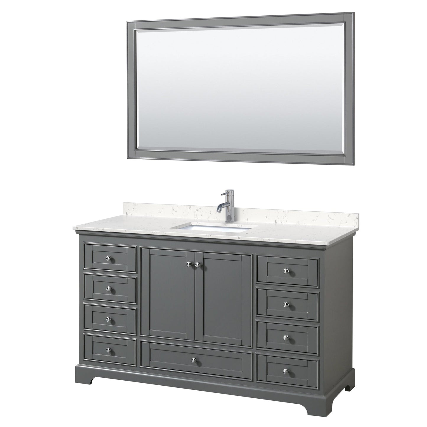 Wyndham Collection Deborah 60" Single Bathroom Vanity in Dark Gray, Light-Vein Carrara Cultured Marble Countertop, Undermount Square Sink, 58" Mirror