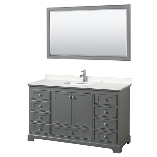 Wyndham Collection Deborah 60" Single Bathroom Vanity in Dark Gray, Light-Vein Carrara Cultured Marble Countertop, Undermount Square Sink, 58" Mirror