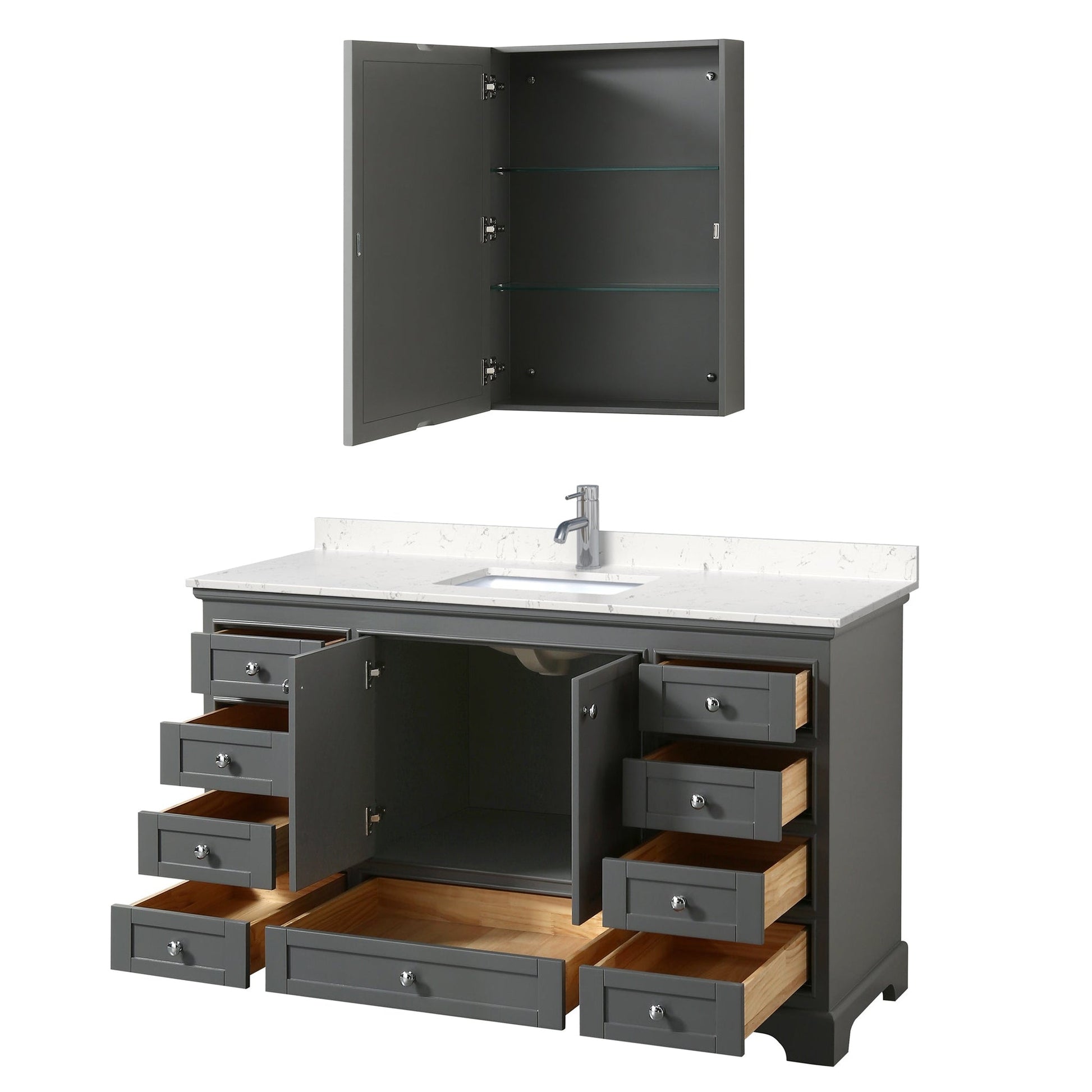 Wyndham Collection Deborah 60" Single Bathroom Vanity in Dark Gray, Light-Vein Carrara Cultured Marble Countertop, Undermount Square Sink, Medicine Cabinet