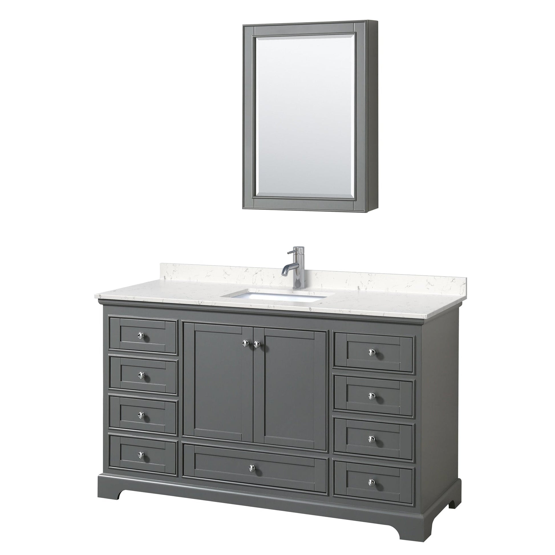Wyndham Collection Deborah 60" Single Bathroom Vanity in Dark Gray, Light-Vein Carrara Cultured Marble Countertop, Undermount Square Sink, Medicine Cabinet