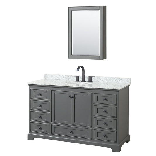 Wyndham Collection Deborah 60" Single Bathroom Vanity in Dark Gray, White Carrara Marble Countertop, Undermount Oval Sink, Matte Black Trim, Medicine Cabinet