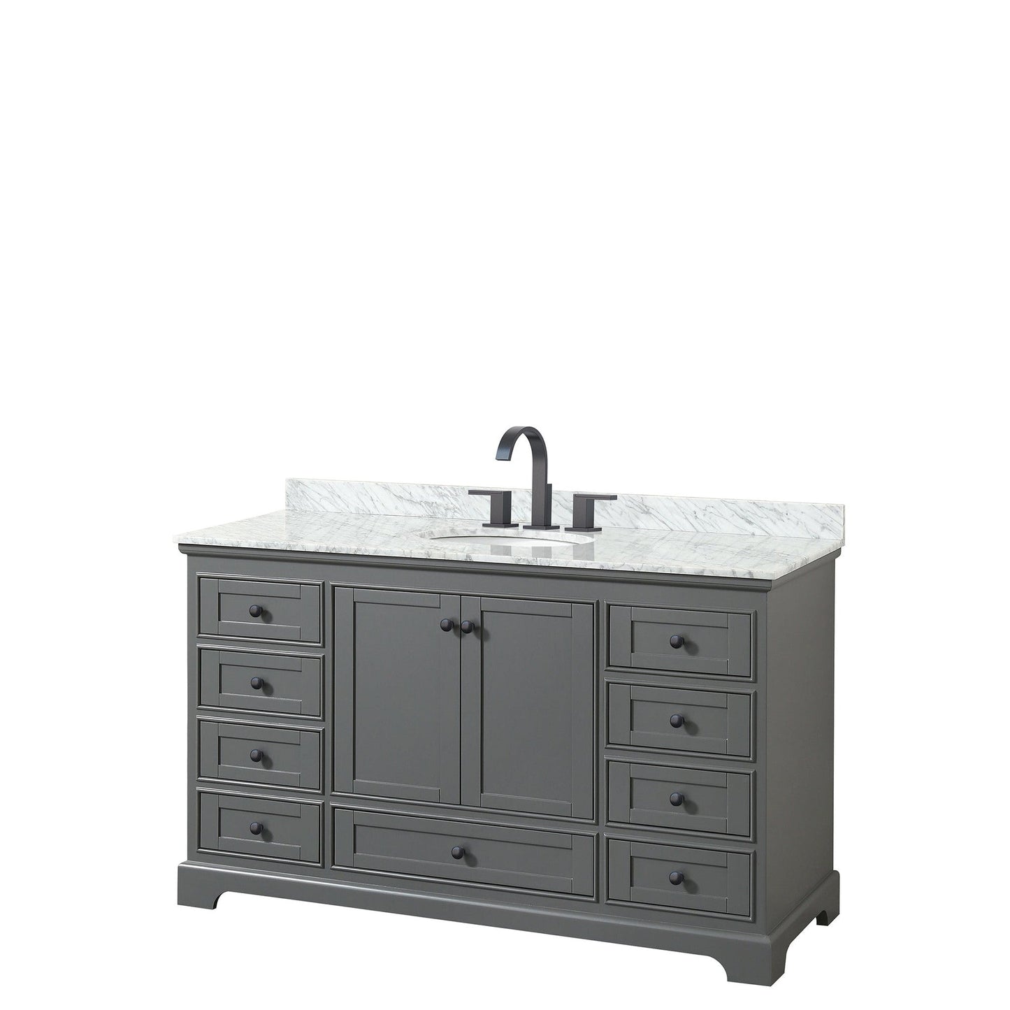 Wyndham Collection Deborah 60" Single Bathroom Vanity in Dark Gray, White Carrara Marble Countertop, Undermount Oval Sink, Matte Black Trim