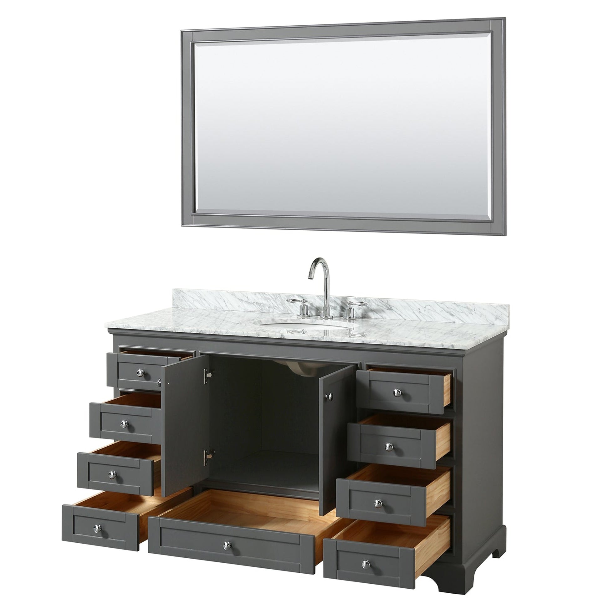 Wyndham Collection Deborah 60" Single Bathroom Vanity in Dark Gray, White Carrara Marble Countertop, Undermount Oval Sink, and 58" Mirror