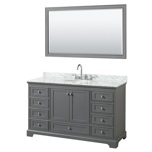 Wyndham Collection Deborah 60" Single Bathroom Vanity in Dark Gray, White Carrara Marble Countertop, Undermount Oval Sink, and 58" Mirror