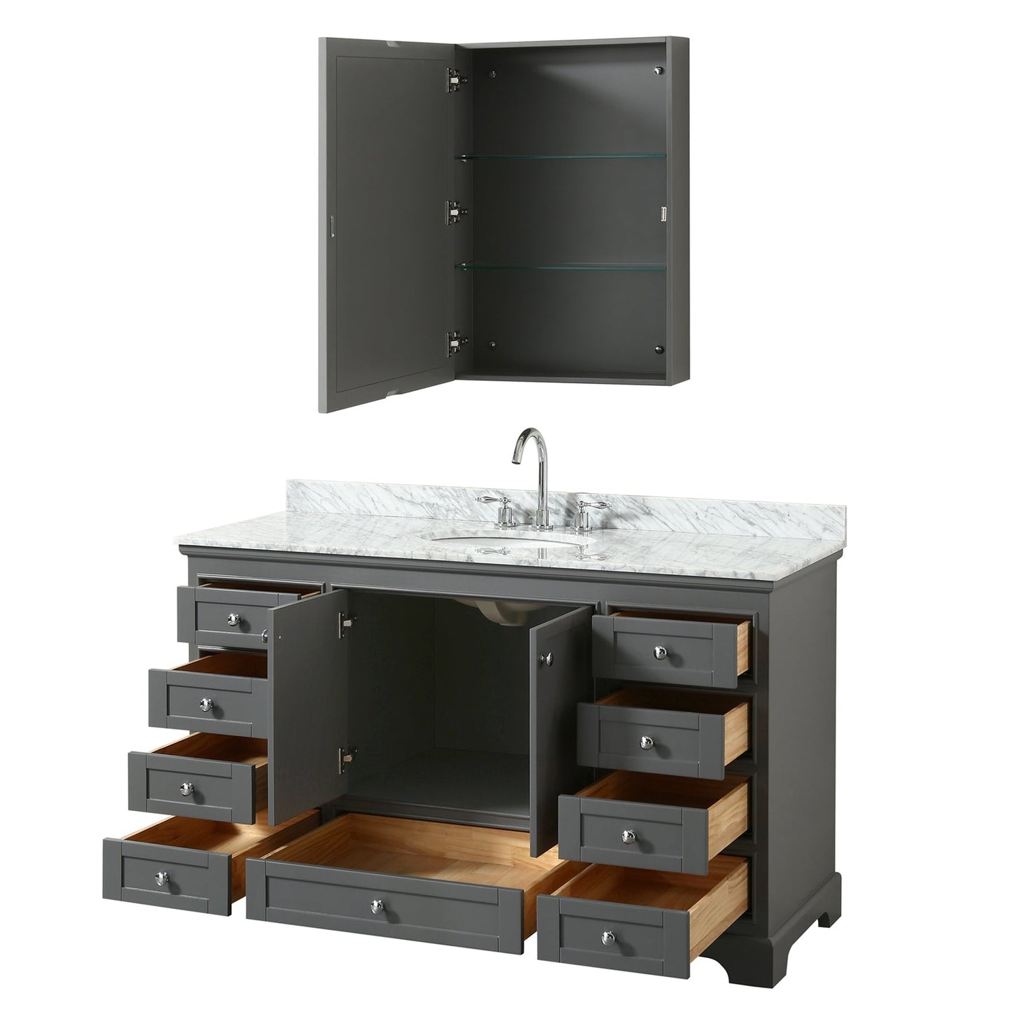 Wyndham Collection Deborah 60" Single Bathroom Vanity in Dark Gray, White Carrara Marble Countertop, Undermount Oval Sink, and Medicine Cabinet