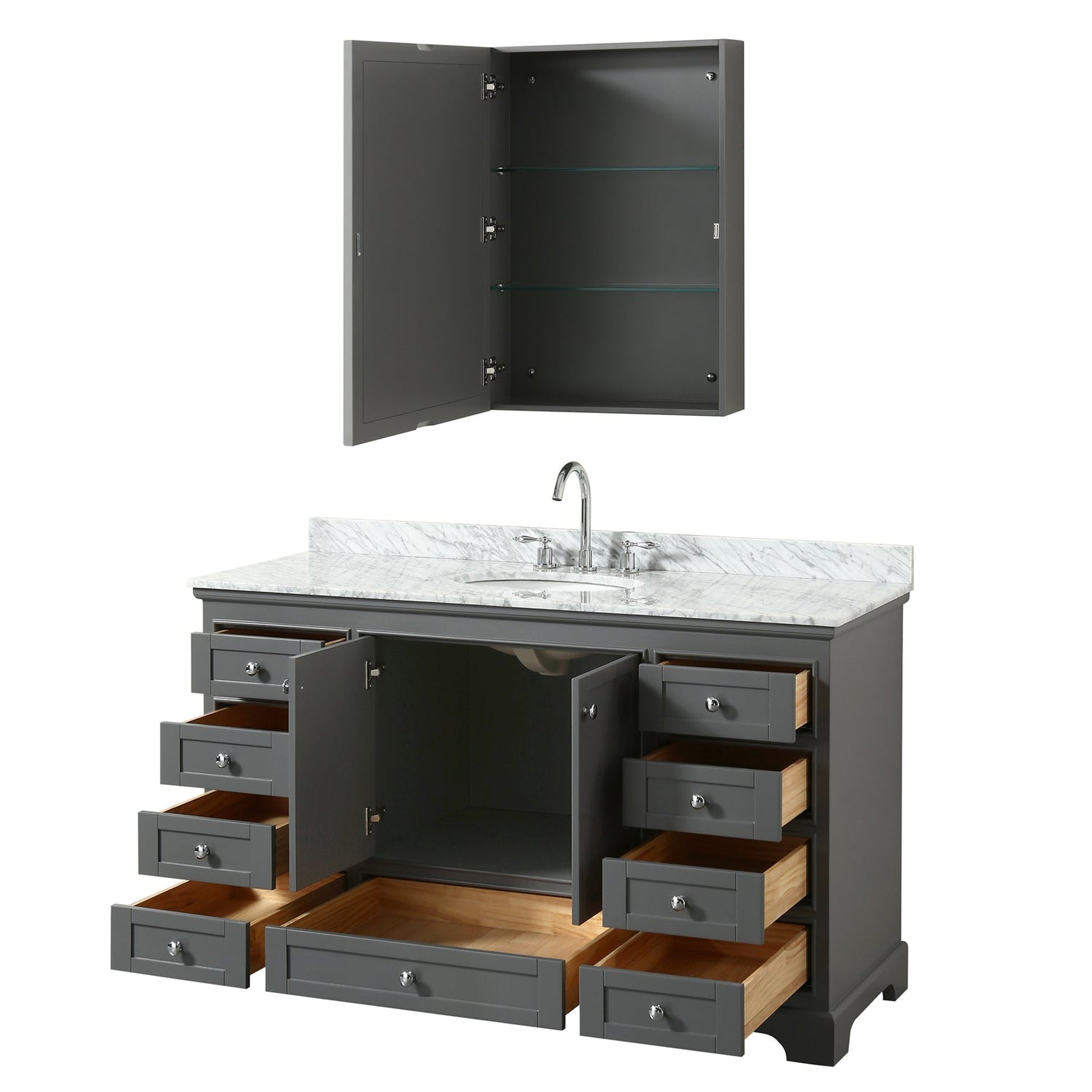 Wyndham Collection Deborah 60" Single Bathroom Vanity in Dark Gray, White Carrara Marble Countertop, Undermount Oval Sink, and Medicine Cabinet