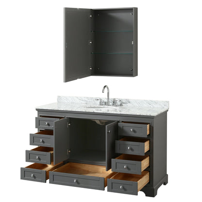 Wyndham Collection Deborah 60" Single Bathroom Vanity in Dark Gray, White Carrara Marble Countertop, Undermount Oval Sink, and Medicine Cabinet
