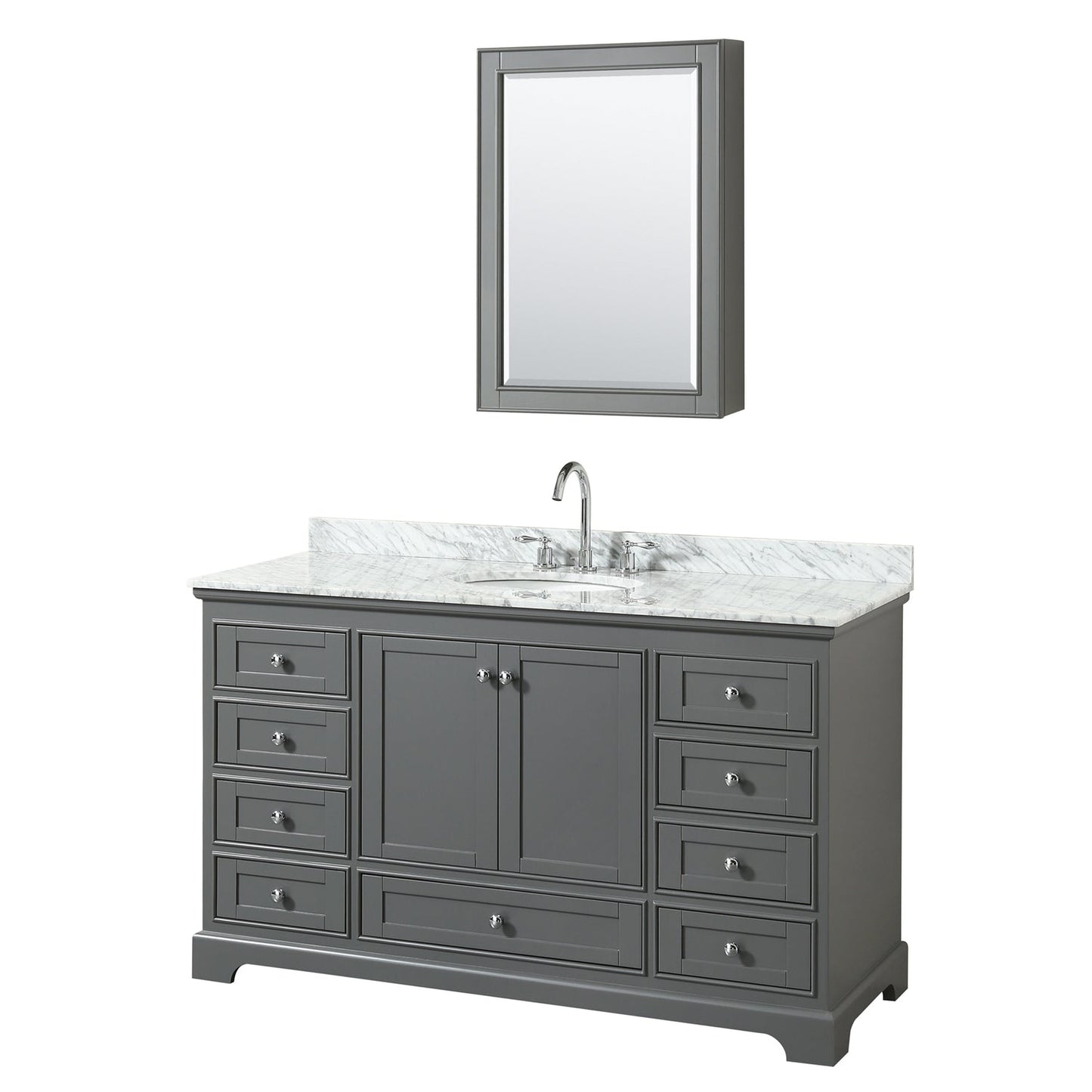 Wyndham Collection Deborah 60" Single Bathroom Vanity in Dark Gray, White Carrara Marble Countertop, Undermount Oval Sink, and Medicine Cabinet